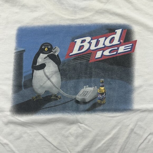 Vintage Bud Ice Shirt Mens XL White Beware The Penguins Wild Oats Beer Promo 90s - Picture 4 of 15